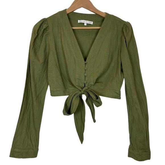 English Factory Tops - English Factory Khaki Green Long Sleeve Button Down Tie Front Crop Top Size: S